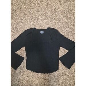 Anthropologie Maeve Square Neck Bell Sleeve Sweater Black Ribbed Knit Top L New
